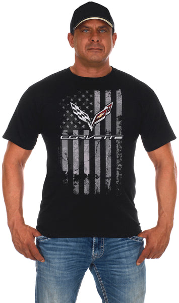 Men's Chevy Corvette Black T-Shirt Distressed American Flag